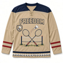 Load image into Gallery viewer, Summer Badminton Independence Day Hockey Jersey in Badminton Sand Khaki, front view – custom name and number