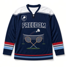 Load image into Gallery viewer, Summer Badminton Independence Day Hockey Jersey in Badminton Navy, front view – custom name and number
