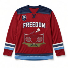 Load image into Gallery viewer, Summer Badminton Independence Day Hockey Jersey in Badminton Barn Red, front view – custom name and number
