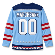 Load image into Gallery viewer, Summer Badminton Independence Day Hockey Jersey in Badminton Sky Blue, back view with your name and number