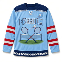 Load image into Gallery viewer, Summer Badminton Independence Day Hockey Jersey in Badminton Sky Blue, front view – custom name and number