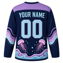 Load image into Gallery viewer, Jellyfish Dream Drift Original Hockey Jersey in Abyss Indigo, back view with your name and number – bubble-dot yoke and tentacle-wave sleeve bands