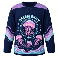 Load image into Gallery viewer, Jellyfish Dream Drift Original Hockey Jersey in Abyss Indigo, front view – glowing jellyfish drifting with flowing tentacles and jellyfish crest, custom name and number