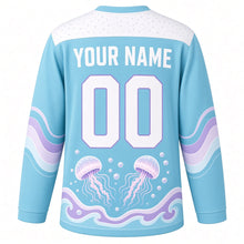 Load image into Gallery viewer, Jellyfish Dream Drift Original Hockey Jersey in Sea Glass Aqua, back view with your name and number – bubble-dot yoke and tentacle-wave sleeve bands