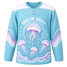 Load image into Gallery viewer, Jellyfish Dream Drift Original Hockey Jersey in Sea Glass Aqua, front view – glowing jellyfish drifting with flowing tentacles and jellyfish crest, custom name and number
