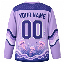 Load image into Gallery viewer, Jellyfish Dream Drift Original Hockey Jersey in Lilac Bloom, back view with your name and number – bubble-dot yoke and tentacle-wave sleeve bands
