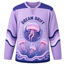 Load image into Gallery viewer, Jellyfish Dream Drift Original Hockey Jersey in Lilac Bloom, front view – glowing jellyfish drifting with flowing tentacles and jellyfish crest, custom name and number