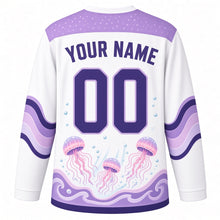Load image into Gallery viewer, Jellyfish Dream Drift Original Hockey Jersey in Moonglow White, back view with your name and number – bubble-dot yoke and tentacle-wave sleeve bands