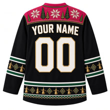 Load image into Gallery viewer, Jordan Original Hockey Jersey in Wadi Rum Black, back view – ornate tatreez cross-stitch embroidery yoke with dallah coffee pot sleeve bands, with your name and number