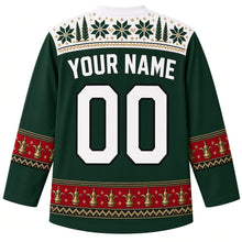Load image into Gallery viewer, Jordan Original Hockey Jersey in Ajloun Green, back view – ornate tatreez cross-stitch embroidery yoke with dallah coffee pot sleeve bands, with your name and number