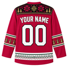 Load image into Gallery viewer, Jordan Original Hockey Jersey in Petra Rose Red, back view – ornate tatreez cross-stitch embroidery yoke with dallah coffee pot sleeve bands, with your name and number
