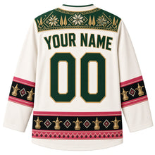 Load image into Gallery viewer, Jordan Original Hockey Jersey in Desert Pearl White, back view – ornate tatreez cross-stitch embroidery yoke with dallah coffee pot sleeve bands, with your name and number
