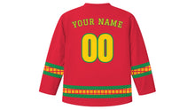 Load image into Gallery viewer, Jounen Kwéyòl Original Hockey Jersey in Madras Red, back view with your name and number