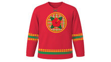 Load image into Gallery viewer, Jounen Kwéyòl Original Hockey Jersey in Madras Red, front view – custom name and number