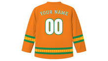 Load image into Gallery viewer, Jounen Kwéyòl Original Hockey Jersey in Sunset Orange, back view with your name and number