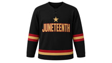 Load image into Gallery viewer, Juneteenth Original Hockey Jersey in Black, front view – custom name and number