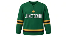 Load image into Gallery viewer, Juneteenth Original Hockey Jersey in Green, front view – custom name and number