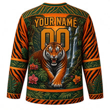 Load image into Gallery viewer, Jungle Tiger Roar Original Hockey Jersey in Ember Orange, back view with your name and number – tiger-stripe yoke and palm-leaf sleeve stripes