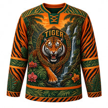 Load image into Gallery viewer, Jungle Tiger Roar Original Hockey Jersey in Ember Orange, front view – roaring tiger emerging from tropical jungle leaves with leaf-wreath crest, custom name and number