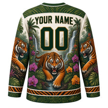 Load image into Gallery viewer, Jungle Tiger Roar Original Hockey Jersey in Ivory White, back view with your name and number – tiger-stripe yoke and palm-leaf sleeve stripes