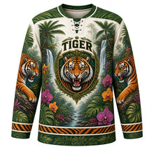Load image into Gallery viewer, Jungle Tiger Roar Original Hockey Jersey in Ivory White, front view – roaring tiger emerging from tropical jungle leaves with leaf-wreath crest, custom name and number