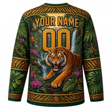 Load image into Gallery viewer, Jungle Tiger Roar Original Hockey Jersey in Jungle Green, back view with your name and number – tiger-stripe yoke and palm-leaf sleeve stripes