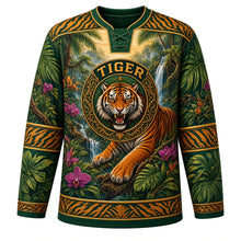 Load image into Gallery viewer, Jungle Tiger Roar Original Hockey Jersey in Jungle Green, front view – roaring tiger emerging from tropical jungle leaves with leaf-wreath crest, custom name and number