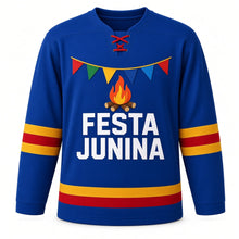 Load image into Gallery viewer, Festa Junina Original Hockey Jersey in Blue, front view – custom name and number