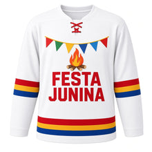 Load image into Gallery viewer, Festa Junina Original Hockey Jersey in White, front view – custom name and number