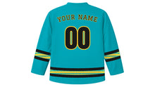 Load image into Gallery viewer, Junkanoo Original Hockey Jersey in Aquamarine, back view with your name and number