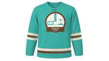 Load image into Gallery viewer, Kansas City Original Hockey Jersey in Fountain Aqua, front view – custom name and number