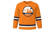 Load image into Gallery viewer, Karachi Original Hockey Jersey in Truck Art Orange, front view – custom name and number