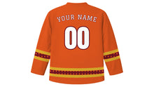 Load image into Gallery viewer, Karthigai Deepam Original Hockey Jersey in Ember Orange, back view with your name and number