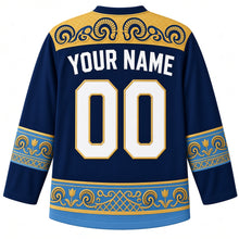 Load image into Gallery viewer, Kazakhstan Original Hockey Jersey in Nomad Night Navy, back view – ornate ram's-horn felt-mosaic yoke with tulip and horn-scroll sleeve bands, with your name and number