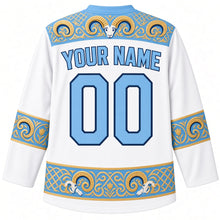 Load image into Gallery viewer, Kazakhstan Original Hockey Jersey in Tian Shan White, back view – ornate ram's-horn felt-mosaic yoke with tulip and horn-scroll sleeve bands, with your name and number