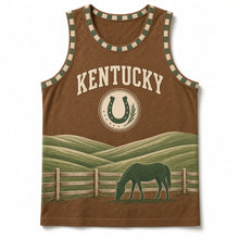 Load image into Gallery viewer, Kentucky Bluegrass Fields Original Basketball Jersey in Bourbon Brown, front view – custom name and number