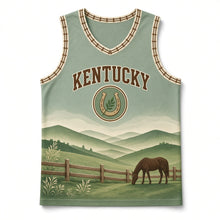 Load image into Gallery viewer, Kentucky Bluegrass Fields Original Basketball Jersey in Bluegrass Green, front view – custom name and number