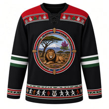 Load image into Gallery viewer, Kenya Original Hockey Jersey in Savanna Night Black, front view – ornate Maasai beadwork collar crest with lion, acacia, Mount Kenya and lilac-breasted roller, kikoy stripe yoke, detailed illustrated artwork, custom name and number