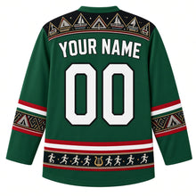 Load image into Gallery viewer, Kenya Original Hockey Jersey in Rift Valley Green, back view – ornate kikoy weave and beadwork yoke with Lamu dhow motifs and beaded sleeve bands, with your name and number