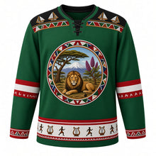 Load image into Gallery viewer, Kenya Original Hockey Jersey in Rift Valley Green, front view – ornate Maasai beadwork collar crest with lion, acacia, Mount Kenya and lilac-breasted roller, kikoy stripe yoke, detailed illustrated artwork, custom name and number
