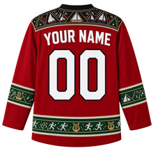 Load image into Gallery viewer, Kenya Original Hockey Jersey in Maasai Red, back view – ornate kikoy weave and beadwork yoke with Lamu dhow motifs and beaded sleeve bands, with your name and number