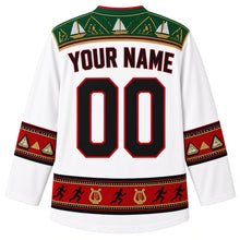 Load image into Gallery viewer, Kenya Original Hockey Jersey in Mount Kenya Snow White, back view – ornate kikoy weave and beadwork yoke with Lamu dhow motifs and beaded sleeve bands, with your name and number