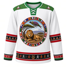 Load image into Gallery viewer, Kenya Original Hockey Jersey in Mount Kenya Snow White, front view – ornate Maasai beadwork collar crest with lion, acacia, Mount Kenya and lilac-breasted roller, kikoy stripe yoke, detailed illustrated artwork, custom name and number