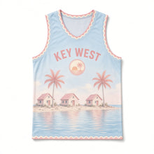 Load image into Gallery viewer, Key West Conch Cottage Original Basketball Jersey in Shallows Blue, front view – custom name and number