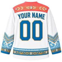 Load image into Gallery viewer, Kiribati Original Hockey Jersey in Atoll White, back view with your name and number – detailed pandanus-weave yoke and matching ornate bands
