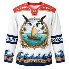 Load image into Gallery viewer, Kiribati Original Hockey Jersey in Atoll White, front view – ornate te waa canoe and frigatebird crest and pandanus-weave yoke with finely detailed artwork, custom name and number