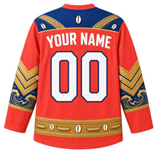 Load image into Gallery viewer, Kiribati Original Hockey Jersey in Coral Red, back view with your name and number – detailed pandanus-weave yoke and matching ornate bands