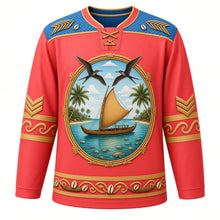 Load image into Gallery viewer, Kiribati Original Hockey Jersey in Coral Red, front view – ornate te waa canoe and frigatebird crest and pandanus-weave yoke with finely detailed artwork, custom name and number