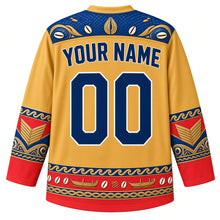 Load image into Gallery viewer, Kiribati Original Hockey Jersey in Frigatebird Gold, back view with your name and number – detailed pandanus-weave yoke and matching ornate bands