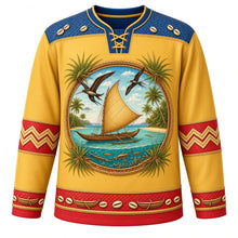 Load image into Gallery viewer, Kiribati Original Hockey Jersey in Frigatebird Gold, front view – ornate te waa canoe and frigatebird crest and pandanus-weave yoke with finely detailed artwork, custom name and number